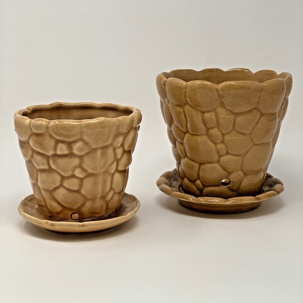 2 Vintage 50s Brush McCoy Pottery Pebble Flower Pot w Saucer Planters Brown